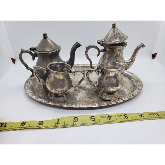 Vintage Silver Plated Miniature Tea Set Coffee Tea Pot Tray Creamer Sugar - Picture 11 of 16